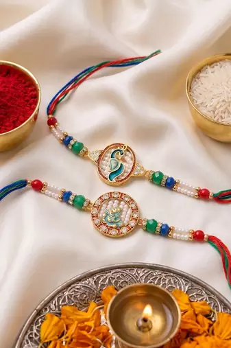 set of 2 multicolor peacock design rakhi with roli chawal chandan mishri