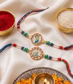 set of 2 multicolor peacock design rakhi with roli chawal chandan mishri