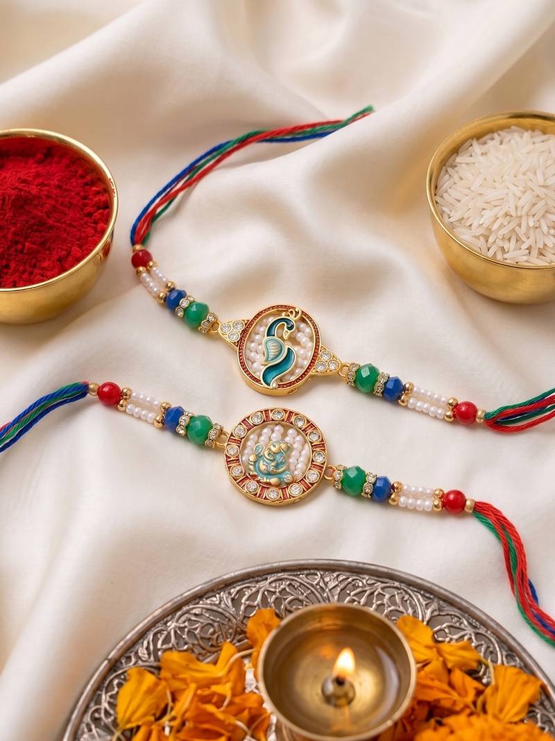 set of 2 multicolor peacock design rakhi with roli chawal chandan mishri