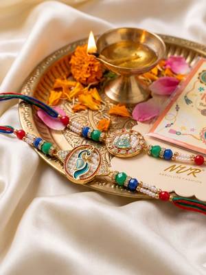 set of 2 multicolor peacock design rakhi with roli chawal chandan mishri 2