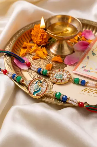 set of 2 multicolor peacock design rakhi with roli chawal chandan mishri