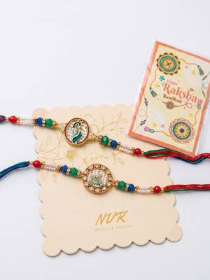 set of 2 multicolor peacock design rakhi with roli chawal chandan mishri 3