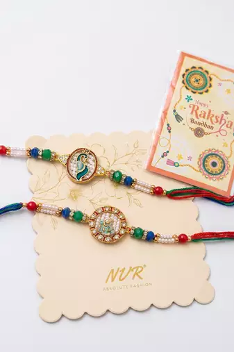 set of 2 multicolor peacock design rakhi with roli chawal chandan mishri