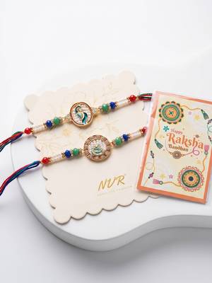 set of 2 multicolor peacock design rakhi with roli chawal chandan mishri 4