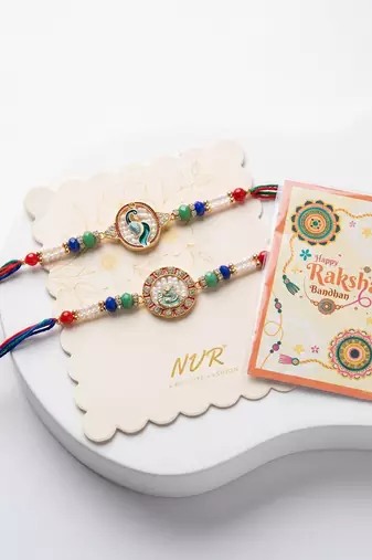 set of 2 multicolor peacock design rakhi with roli chawal chandan mishri