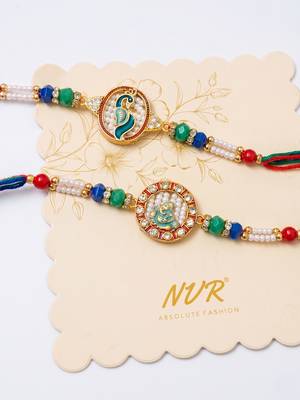 set of 2 multicolor peacock design rakhi with roli chawal chandan mishri 5