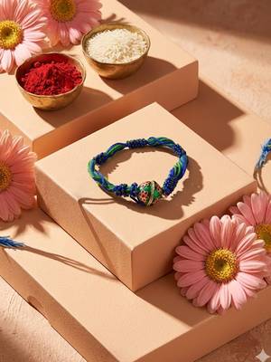 magnetic opening blue meenakari work thread rakhi with roli chawal chandan mishri 1