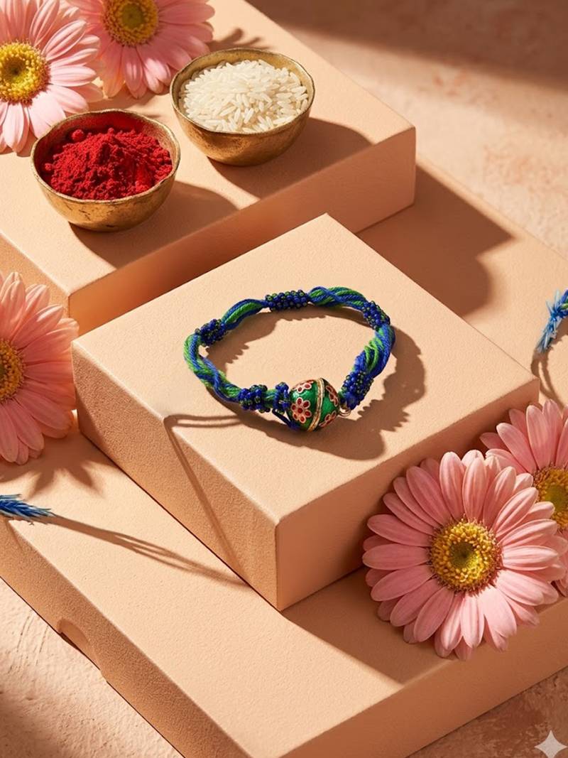 magnetic opening blue meenakari work thread rakhi with roli chawal chandan mishri
