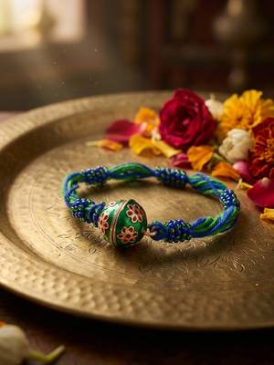 magnetic opening blue meenakari work thread rakhi with roli chawal chandan mishri 2