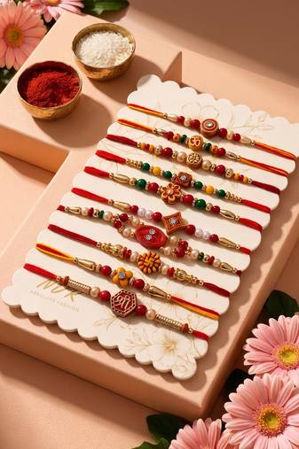set of 10 artificial stones & beads thread rakhi with roli chawal chandan mishri