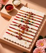set of 10 artificial stones & beads thread rakhi with roli chawal chandan mishri