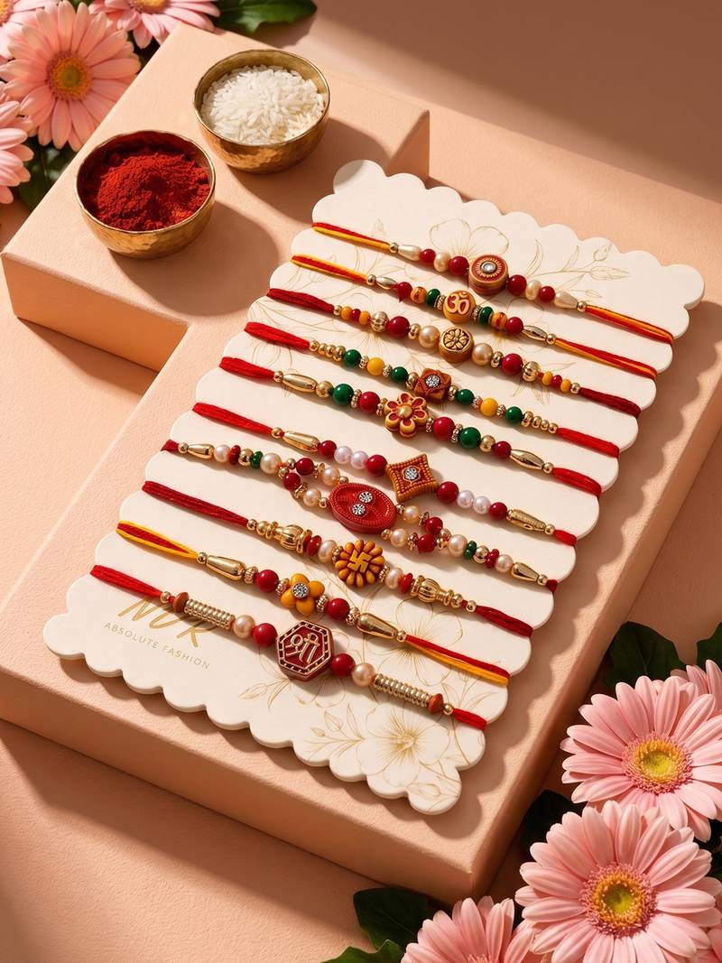 set of 10 artificial stones & beads thread rakhi with roli chawal chandan mishri