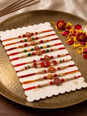 set of 10 artificial stones & beads thread rakhi with roli chawal chandan mishri 2