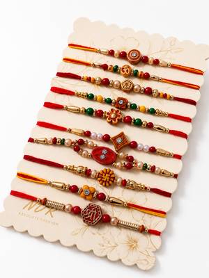 set of 10 artificial stones & beads thread rakhi with roli chawal chandan mishri 3