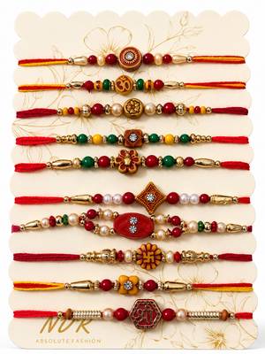 set of 10 artificial stones & beads thread rakhi with roli chawal chandan mishri 4