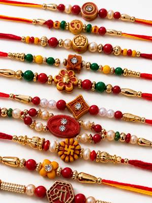 set of 10 artificial stones & beads thread rakhi with roli chawal chandan mishri 5