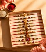 set of 10 artificial stones & beads thread rakhi with roli chawal chandan mishri