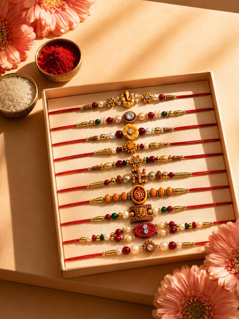 set of 10 artificial stones & beads thread rakhi with roli chawal chandan mishri