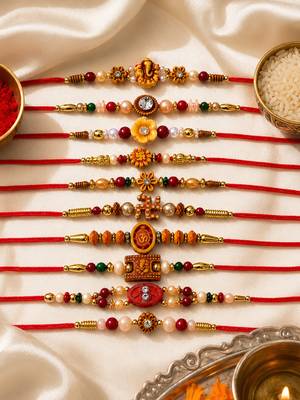 set of 10 artificial stones & beads thread rakhi with roli chawal chandan mishri 2