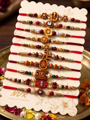 set of 10 artificial stones & beads thread rakhi with roli chawal chandan mishri 3