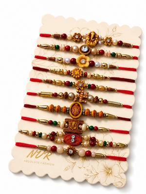set of 10 artificial stones & beads thread rakhi with roli chawal chandan mishri 4