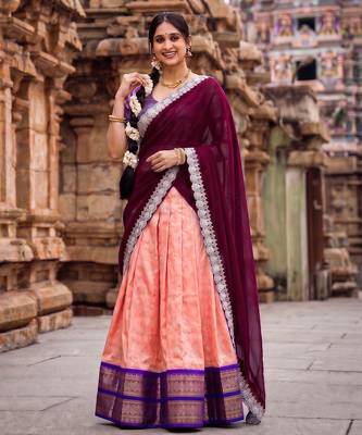 South Indian Style Peach Kanchipuram Silk Lehenga Choli Set for Women 1