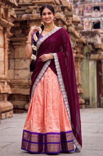 South Indian Style Peach Kanchipuram Silk Lehenga Choli Set for Women