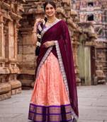 South Indian Style Peach Kanchipuram Silk Lehenga Choli Set for Women