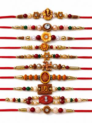 set of 10 artificial stones & beads thread rakhi with roli chawal chandan mishri 5