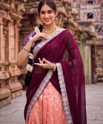 South Indian Style Peach Kanchipuram Silk Lehenga Choli Set for Women 2