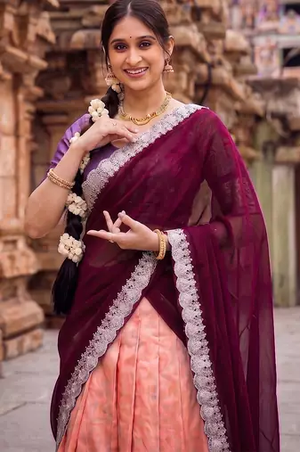 South Indian Style Peach Kanchipuram Silk Lehenga Choli Set for Women
