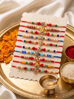 set of 10 artificial stones & beads thread rakhi with roli chawal chandan mishri 1