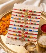 set of 10 artificial stones & beads thread rakhi with roli chawal chandan mishri