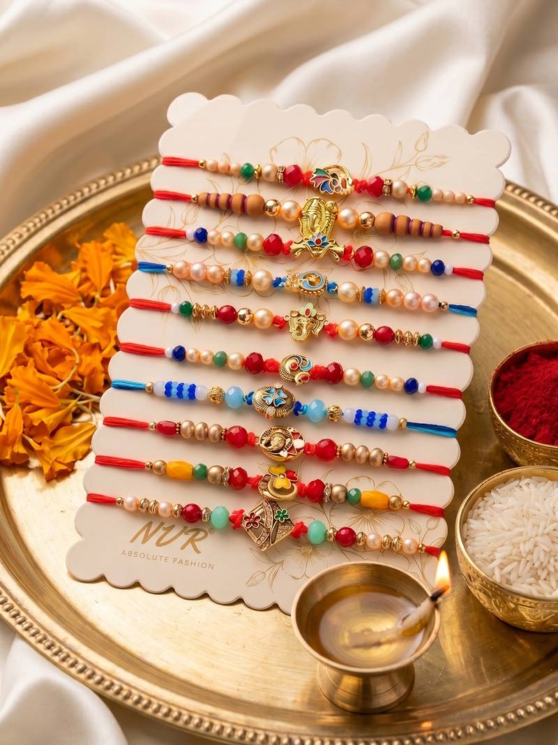 set of 10 artificial stones & beads thread rakhi with roli chawal chandan mishri