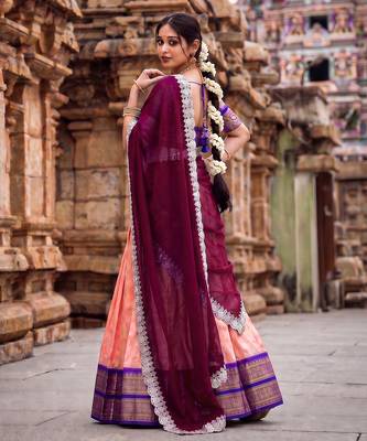 South Indian Style Peach Kanchipuram Silk Lehenga Choli Set for Women 3