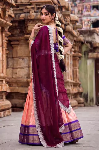 South Indian Style Peach Kanchipuram Silk Lehenga Choli Set for Women