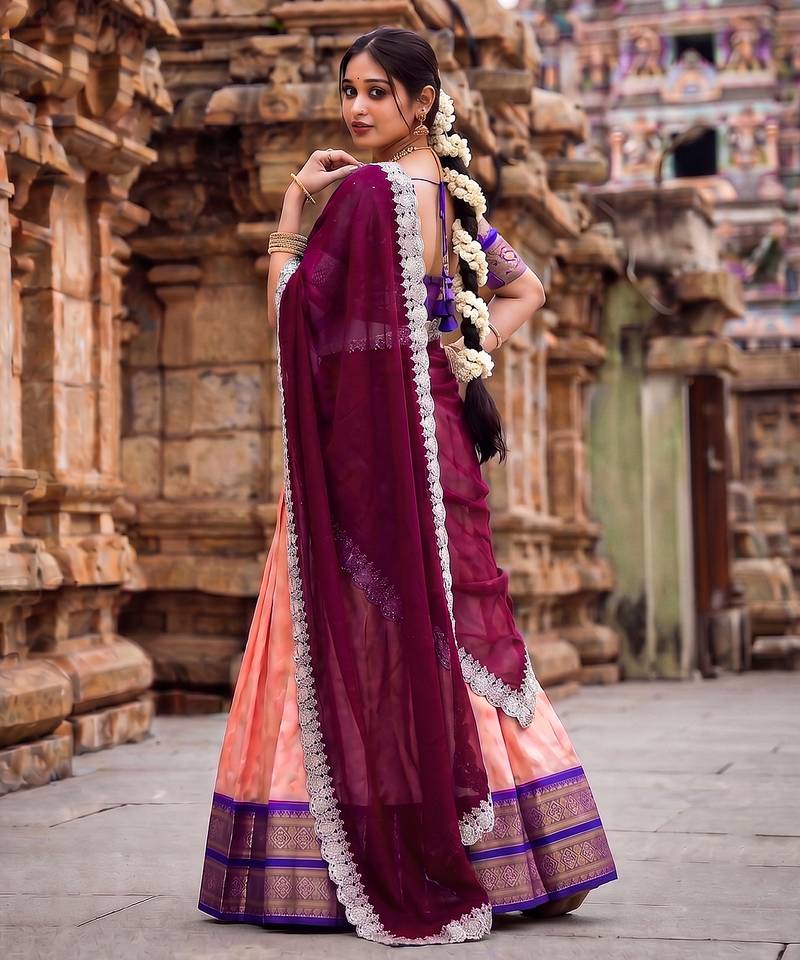 South Indian Style Peach Kanchipuram Silk Lehenga Choli Set for Women