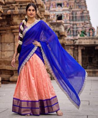 South Indian Style Peach Kanchipuram Silk Lehenga Choli Set for Women 1