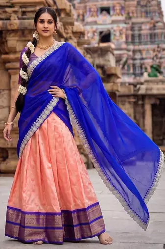 South Indian Style Peach Kanchipuram Silk Lehenga Choli Set for Women