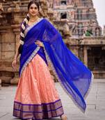 South Indian Style Peach Kanchipuram Silk Lehenga Choli Set for Women