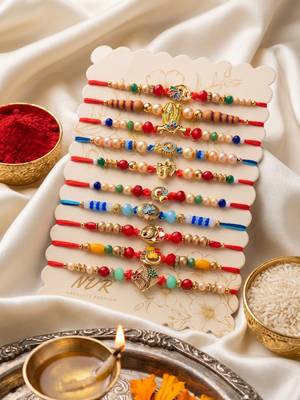 set of 10 artificial stones & beads thread rakhi with roli chawal chandan mishri 2