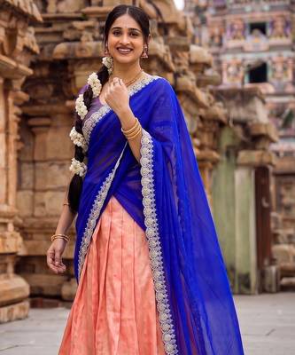 South Indian Style Peach Kanchipuram Silk Lehenga Choli Set for Women 2