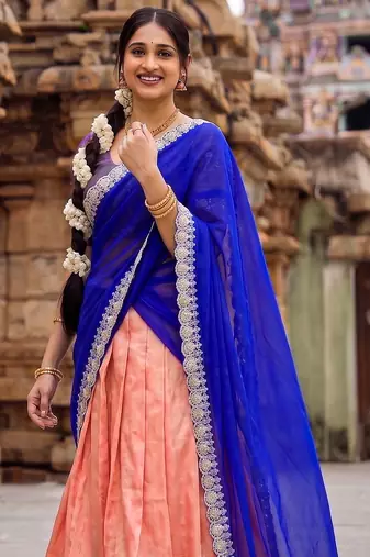 South Indian Style Peach Kanchipuram Silk Lehenga Choli Set for Women