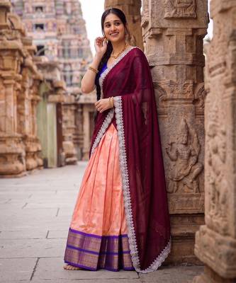 South Indian Style Peach Kanchipuram Silk Lehenga Choli Set for Women 4