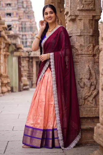 South Indian Style Peach Kanchipuram Silk Lehenga Choli Set for Women