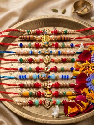 set of 10 artificial stones & beads thread rakhi with roli chawal chandan mishri 3