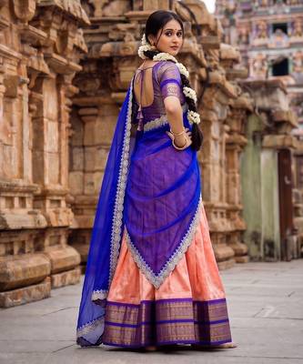 South Indian Style Peach Kanchipuram Silk Lehenga Choli Set for Women 3