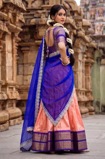 South Indian Style Peach Kanchipuram Silk Lehenga Choli Set for Women