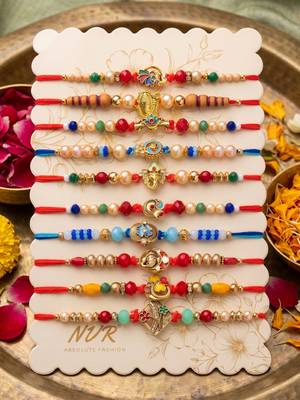 set of 10 artificial stones & beads thread rakhi with roli chawal chandan mishri 4