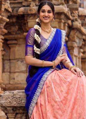 South Indian Style Peach Kanchipuram Silk Lehenga Choli Set for Women 4